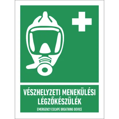 Vészhelyzeti menekülési légzőkészülék matrica / tábla (ISO 7010-E029 piktogram + felirat)