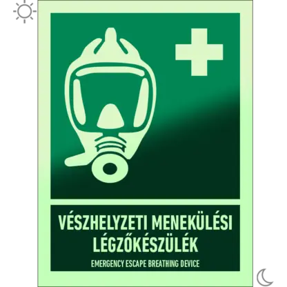 Vészhelyzeti menekülési légzőkészülék matrica / tábla (ISO 7010-E029 piktogram + felirat)