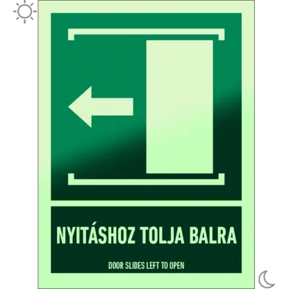 Nyitáshoz tolja balra! matrica / tábla (ISO 7010-E034 piktogram + felirat)