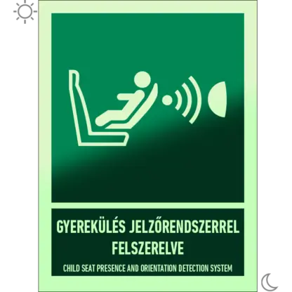 Gyerekülés jelzőrendszerrel (CPOD) felszerelve matrica / tábla (ISO 7010-E014 piktogram + felirat)