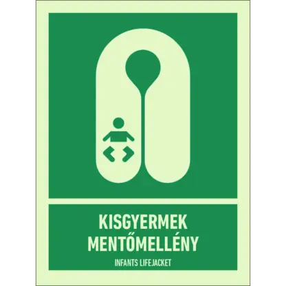 Kisgyermek mentőmellény utánvilágító matrica (ISO 7010-E046 piktogram + felirat)