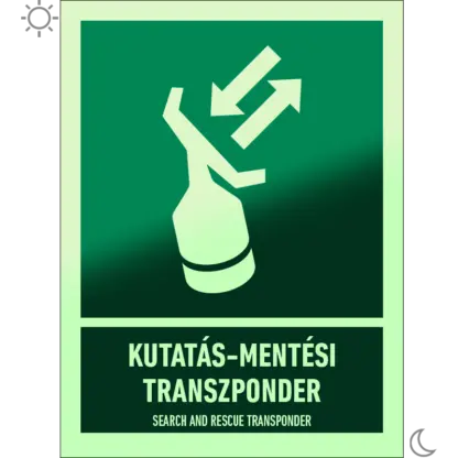 Kutatás-mentési transzponder utánvilágító matrica (ISO 7010-E047 piktogram + felirat)