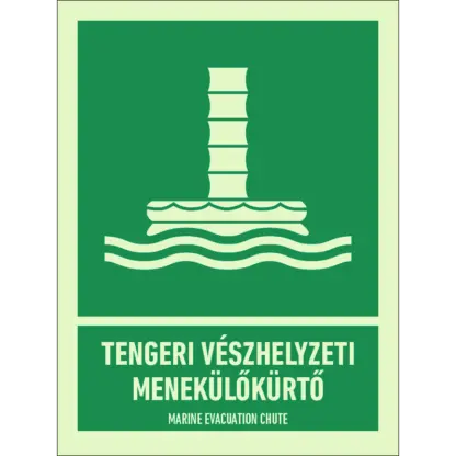 Tengeri vészhelyzeti menekülőkürtő utánvilágító matrica (ISO 7010-E055 piktogram + felirat)