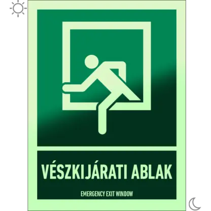 Vészkijárati ablak matrica / tábla (ISO 7010-D-E019 piktogram + felirat)