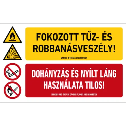 Fokozott tűz- és robbanásveszély! Dohányzás és nyílt láng használata tilos! matrica / tábla (piktogram + felirat)