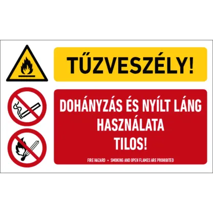 Tűzveszély! Dohányzás és nyílt láng használata tilos! matrica / tábla (piktogram + felirat)