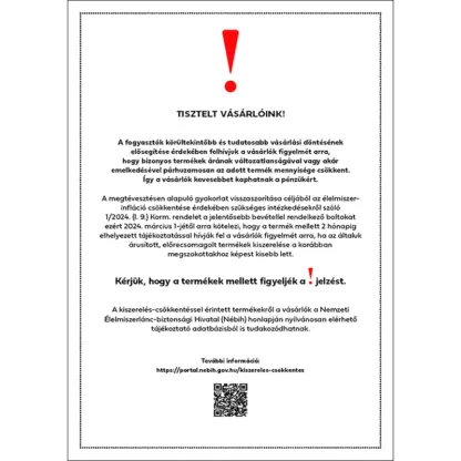 Termékméret csökkentésről tájékoztató matrica