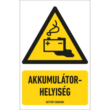 Akkumulátorhelyiség matrica / tábla (ISO 7010-W026 piktogram + felirat)