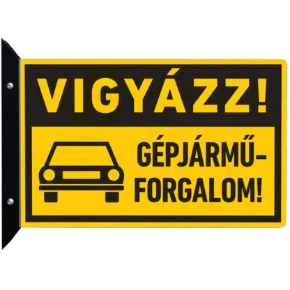 Vigyázz! Gépjárműforgalom feliratú kétoldalas fali táblatartó konzol szendvicslemezzel
