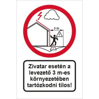 Zivatar esetén a levezető 3 m-es környezetében tartózkodni tilos! matrica / tábla
