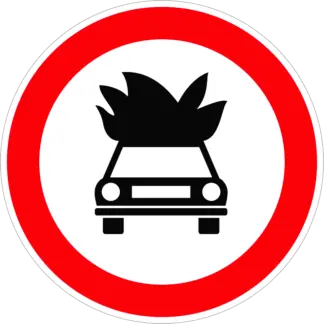 Robbanó- vagy tűzveszélyes anyagot szállító járművel behajtani tilos! KRESZ közlekedési tábla