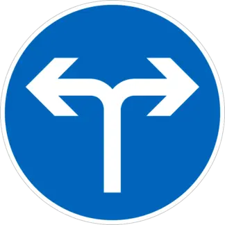 Kötelező haladási irány (balra és jobbra) KRESZ közlekedési tábla
