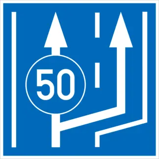 Kiegészítő sáv kezdete és legkisebb sebesség KRESZ közlekedési tábla