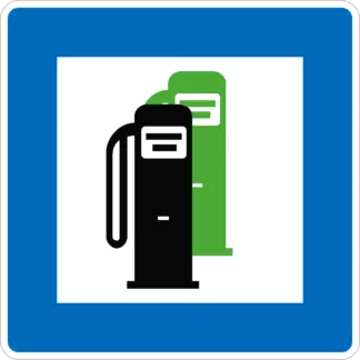 Ólmozatlan benzint is árusító üzemanyagtöltő állomás KRESZ közlekedési tábla